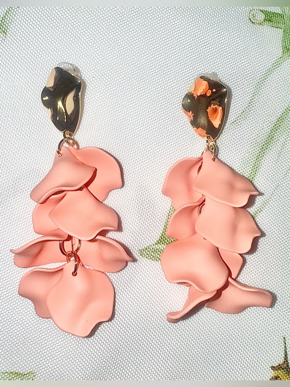 Coral & Gold-toned Petal Dangle Drop Statement Fashionable Jewelry Earrings